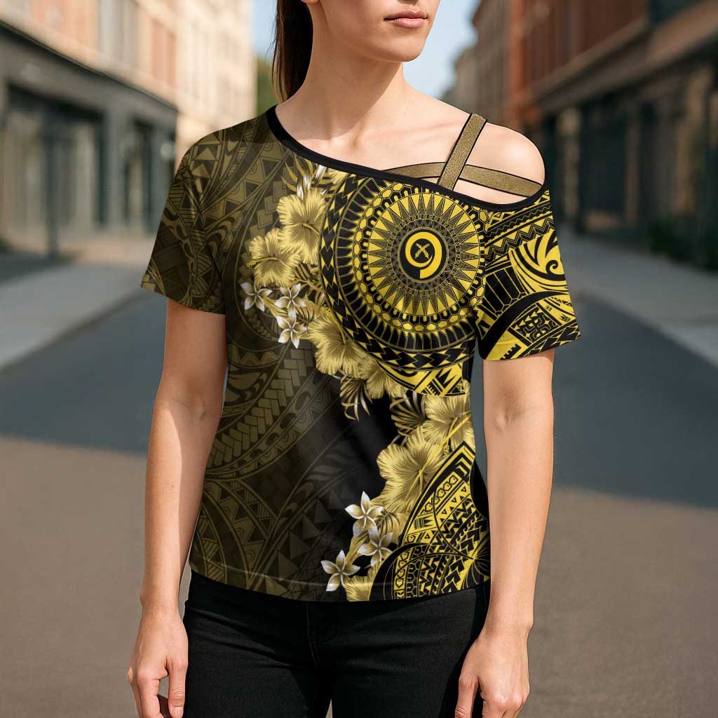 Vanuatu Cross Shoulder Shirt Hibisus Polynesian Pattern Gold - Polynesian Pride