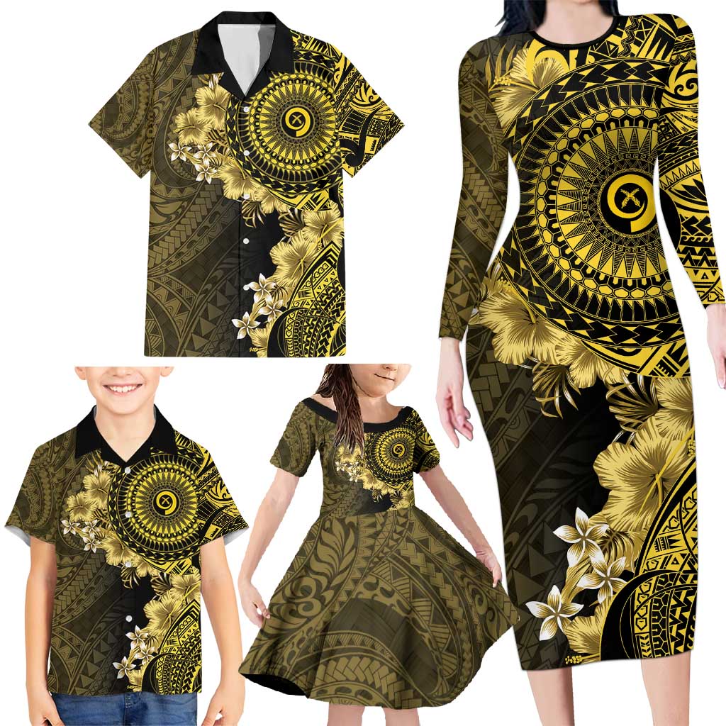 Vanuatu Family Matching Long Sleeve Bodycon Dress and Hawaiian Shirt Hibisus Polynesian Pattern Gold - Polynesian Pride