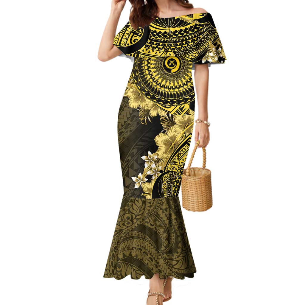 Vanuatu Family Matching Mermaid Dress and Hawaiian Shirt Hibisus Polynesian Pattern Gold - Polynesian Pride
