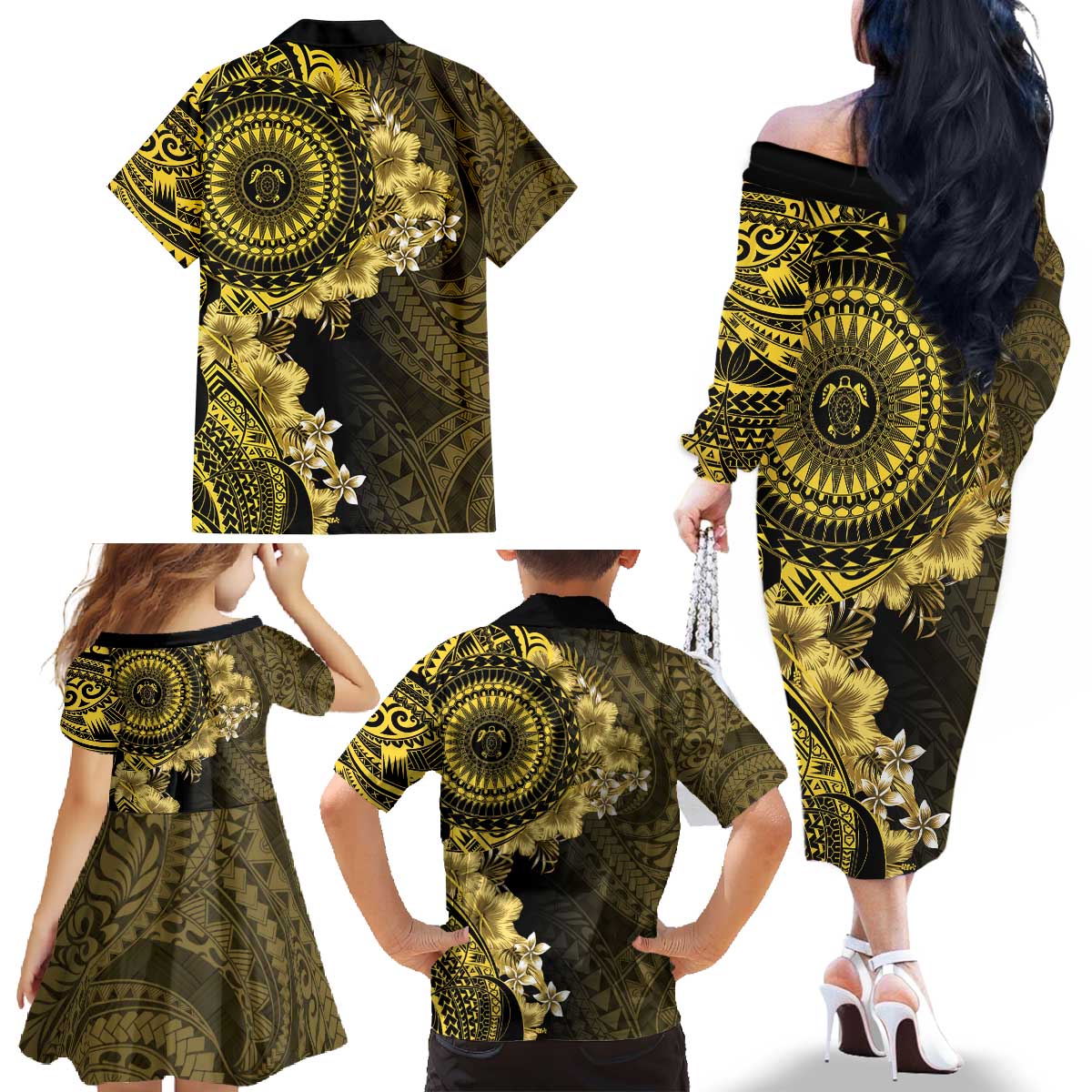 Vanuatu Family Matching Off The Shoulder Long Sleeve Dress and Hawaiian Shirt Hibisus Polynesian Pattern Gold - Polynesian Pride