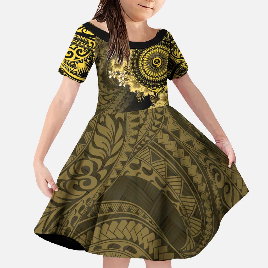 Vanuatu Family Matching Off Shoulder Maxi Dress and Hawaiian Shirt Hibisus Polynesian Pattern Gold - Polynesian Pride