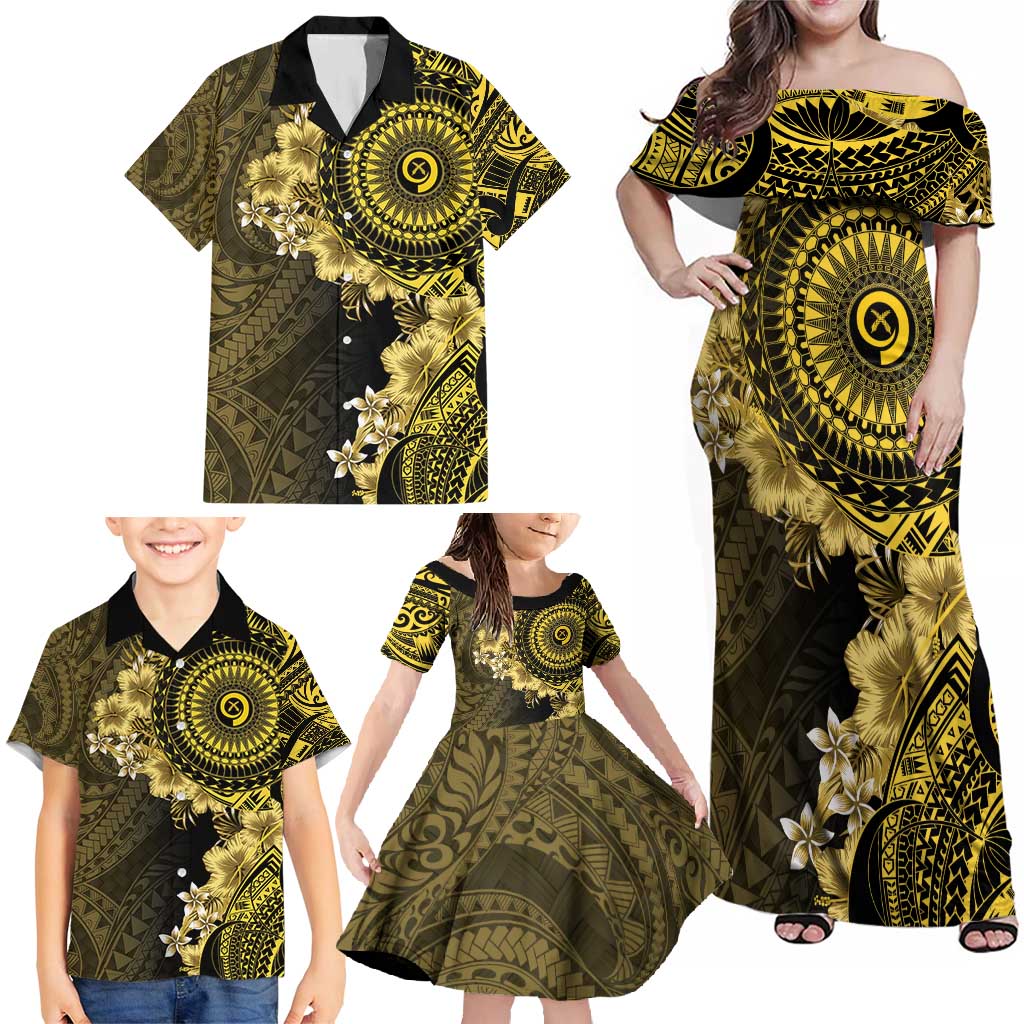Vanuatu Family Matching Off Shoulder Maxi Dress and Hawaiian Shirt Hibisus Polynesian Pattern Gold - Polynesian Pride