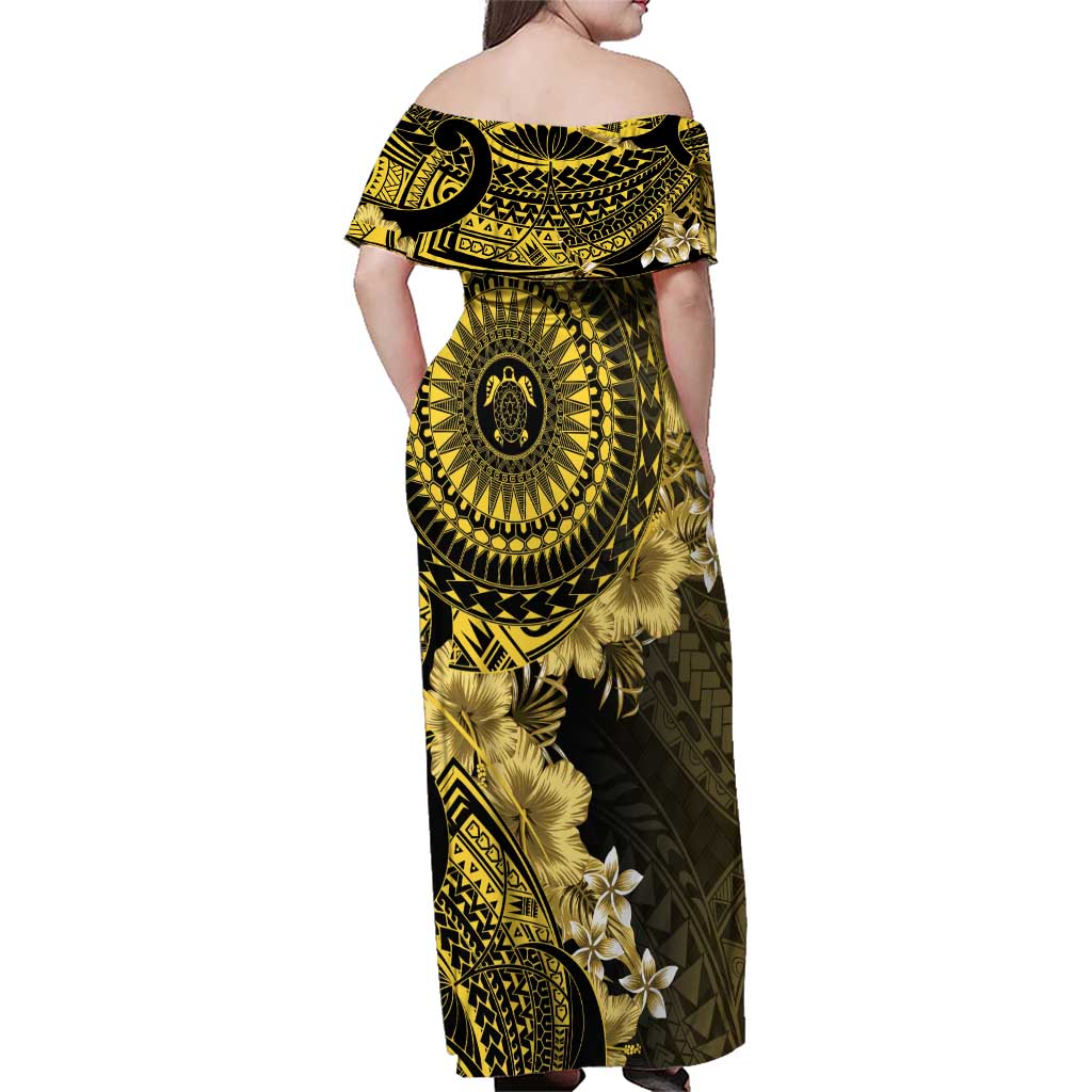 Vanuatu Family Matching Off Shoulder Maxi Dress and Hawaiian Shirt Hibisus Polynesian Pattern Gold - Polynesian Pride