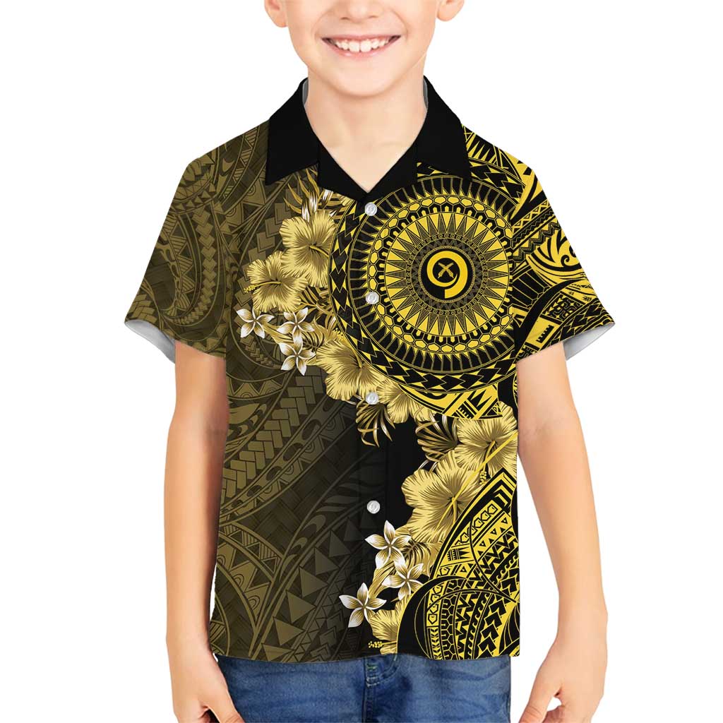 Vanuatu Family Matching Off Shoulder Short Dress and Hawaiian Shirt Hibisus Polynesian Pattern Gold - Polynesian Pride