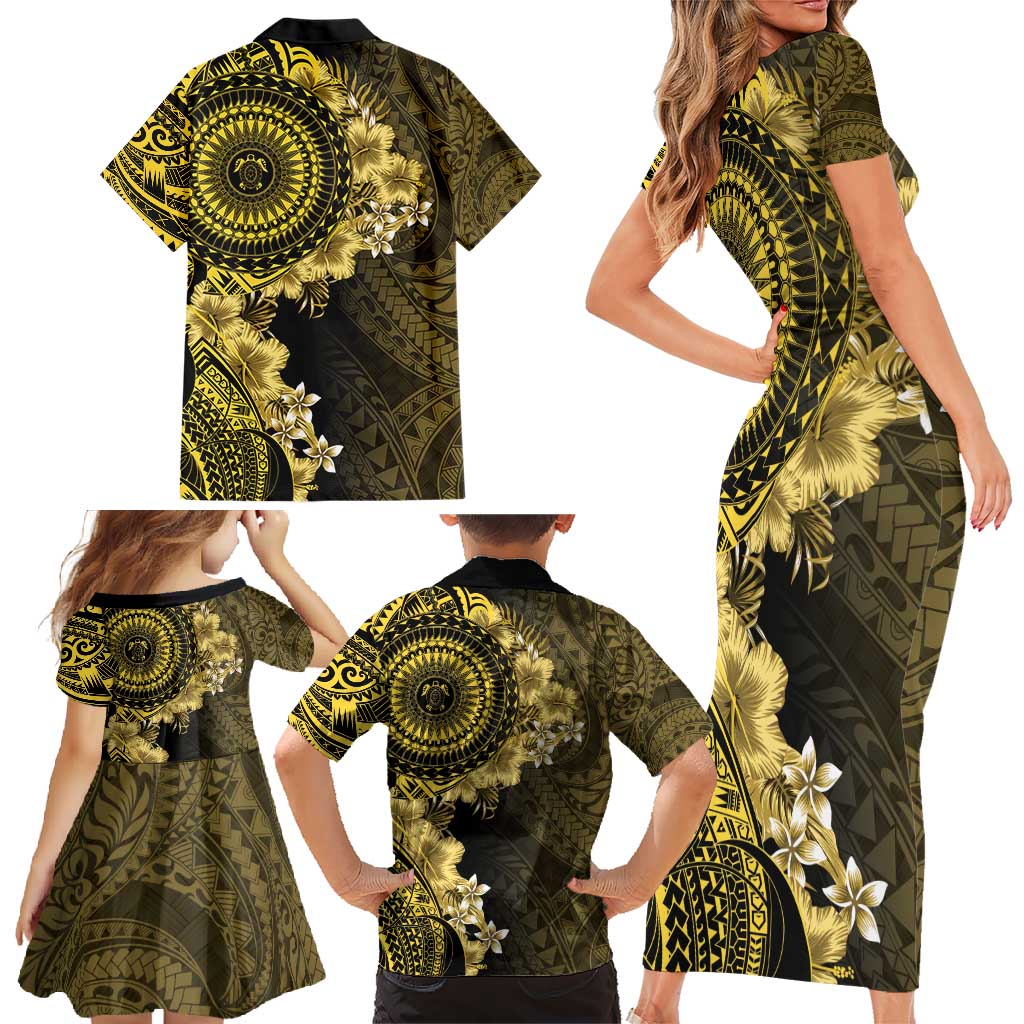 Vanuatu Family Matching Short Sleeve Bodycon Dress and Hawaiian Shirt Hibisus Polynesian Pattern Gold - Polynesian Pride