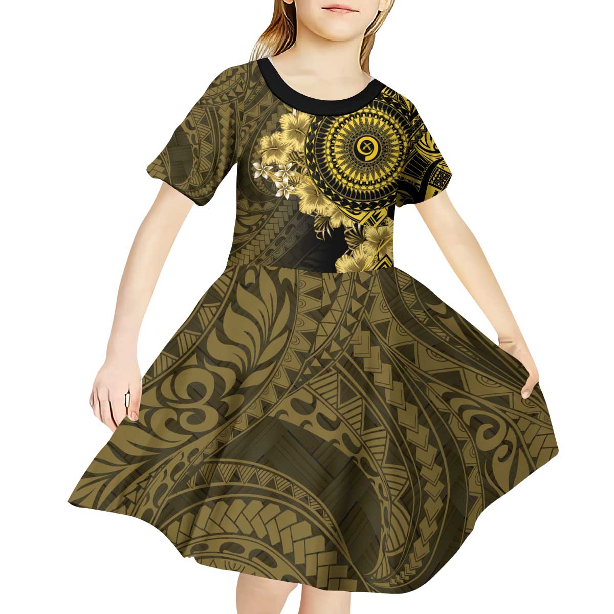 Vanuatu Kid Short Sleeve Dress Hibisus Polynesian Pattern Gold - Polynesian Pride