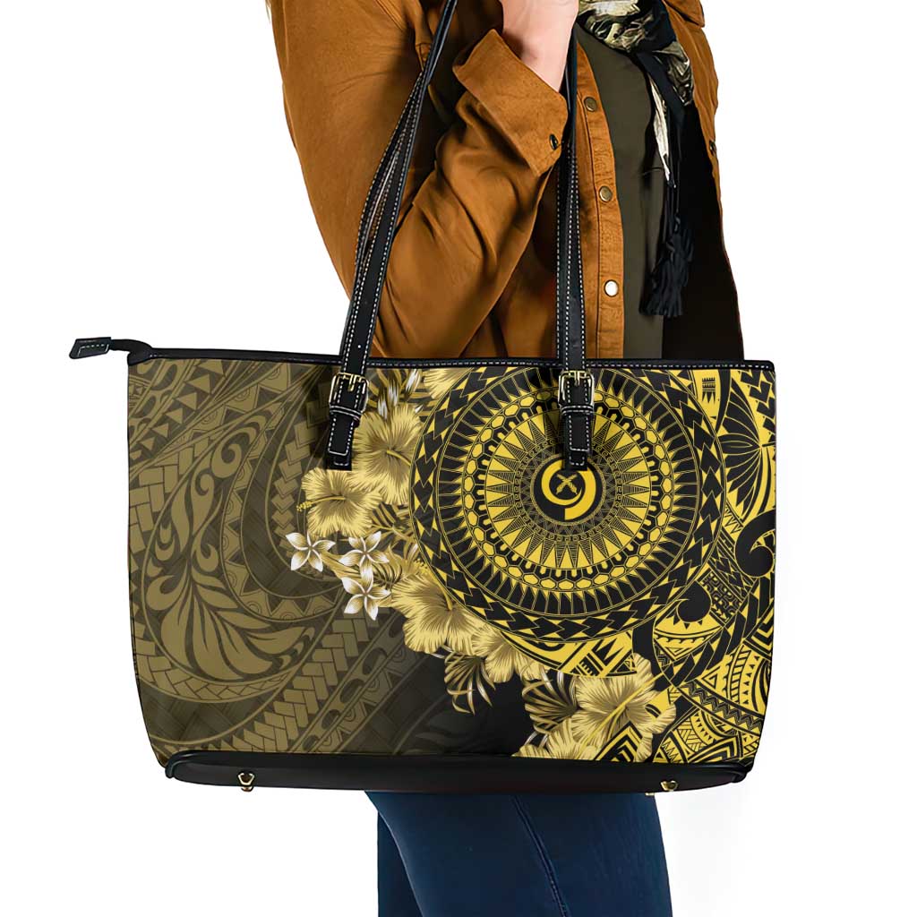 Vanuatu Leather Tote Bag Hibisus Polynesian Pattern Gold - Polynesian Pride