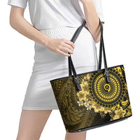 Vanuatu Leather Tote Bag Hibisus Polynesian Pattern Gold - Polynesian Pride