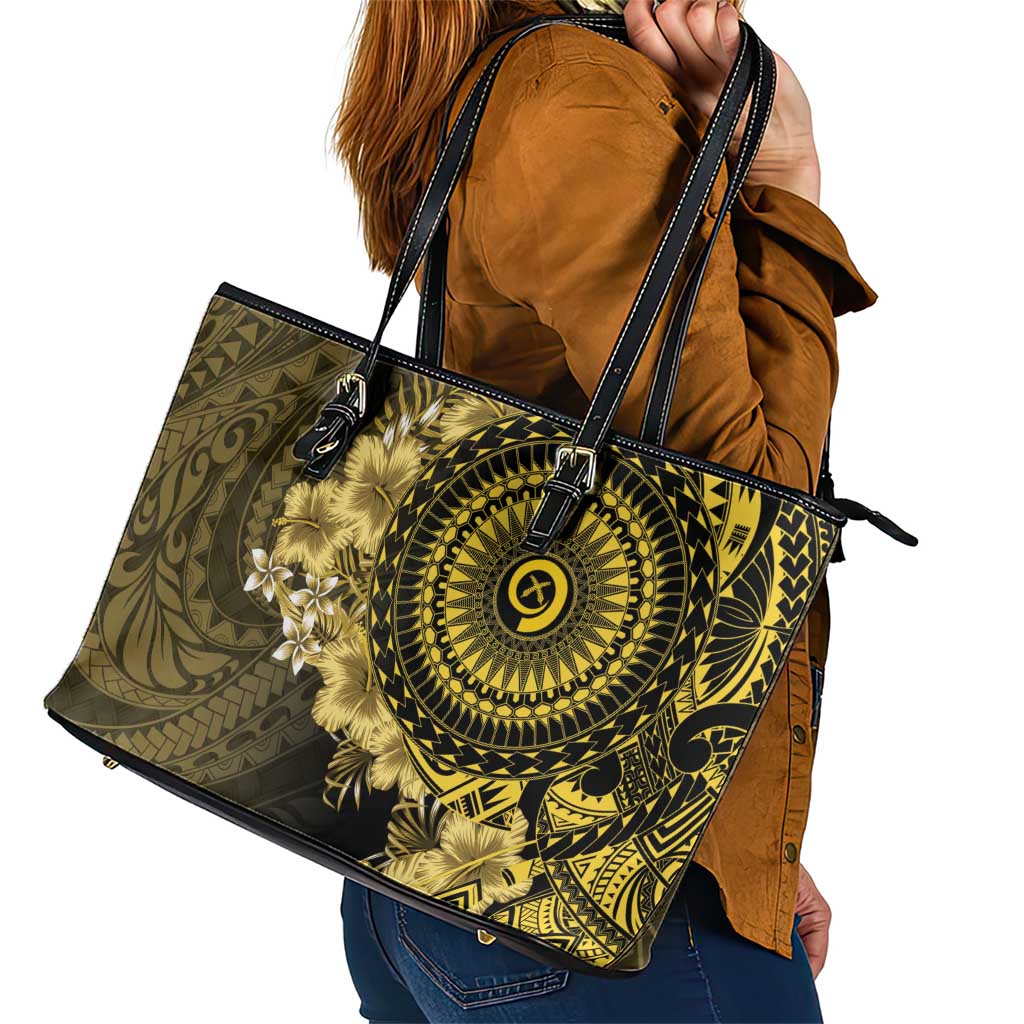 Vanuatu Leather Tote Bag Hibisus Polynesian Pattern Gold - Polynesian Pride