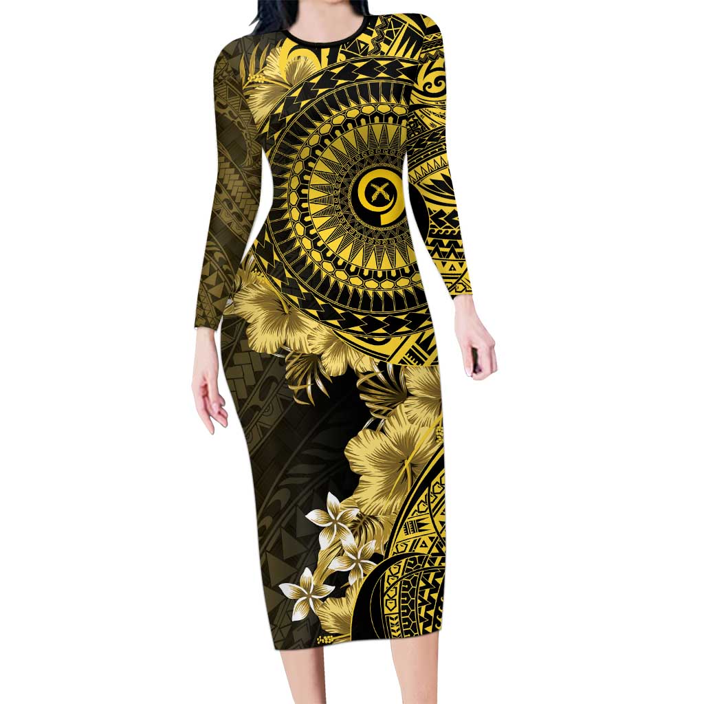 Vanuatu Long Sleeve Bodycon Dress Hibisus Polynesian Pattern Gold - Polynesian Pride