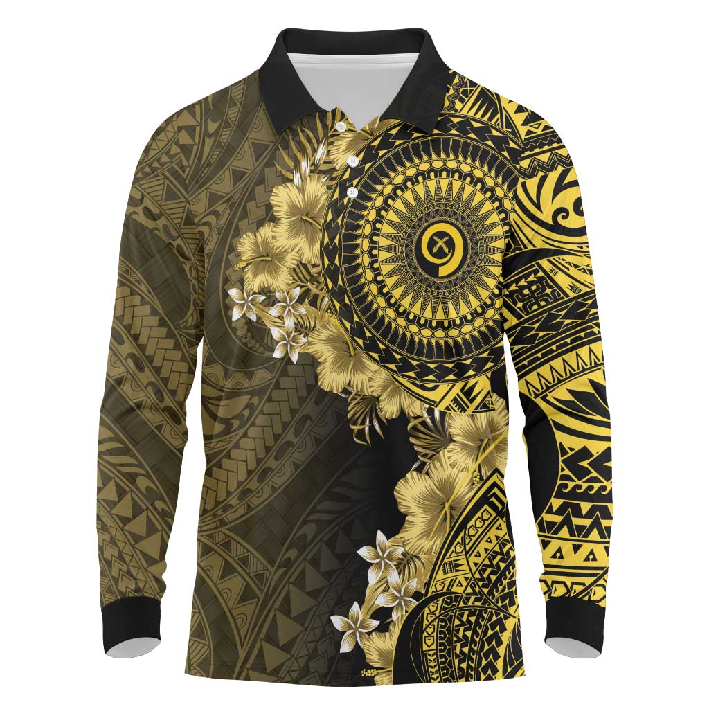Vanuatu Long Sleeve Polo Shirt Hibisus Polynesian Pattern Gold - Polynesian Pride