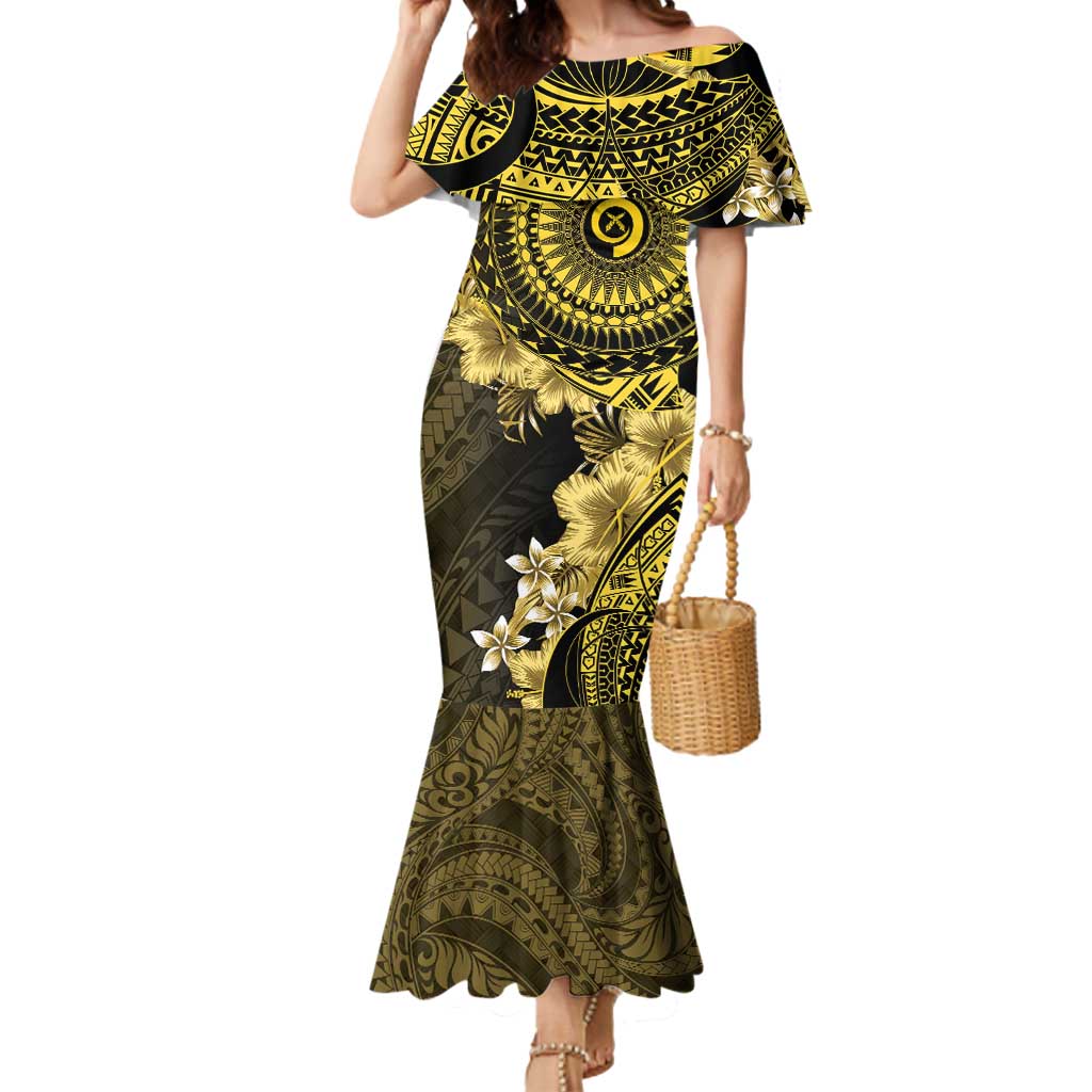 Vanuatu Mermaid Dress Hibisus Polynesian Pattern Gold - Polynesian Pride