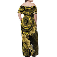 Vanuatu Off Shoulder Maxi Dress Hibisus Polynesian Pattern Gold - Polynesian Pride
