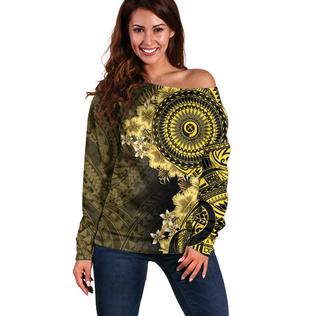 Vanuatu Off Shoulder Sweater Hibisus Polynesian Pattern Gold - Polynesian Pride
