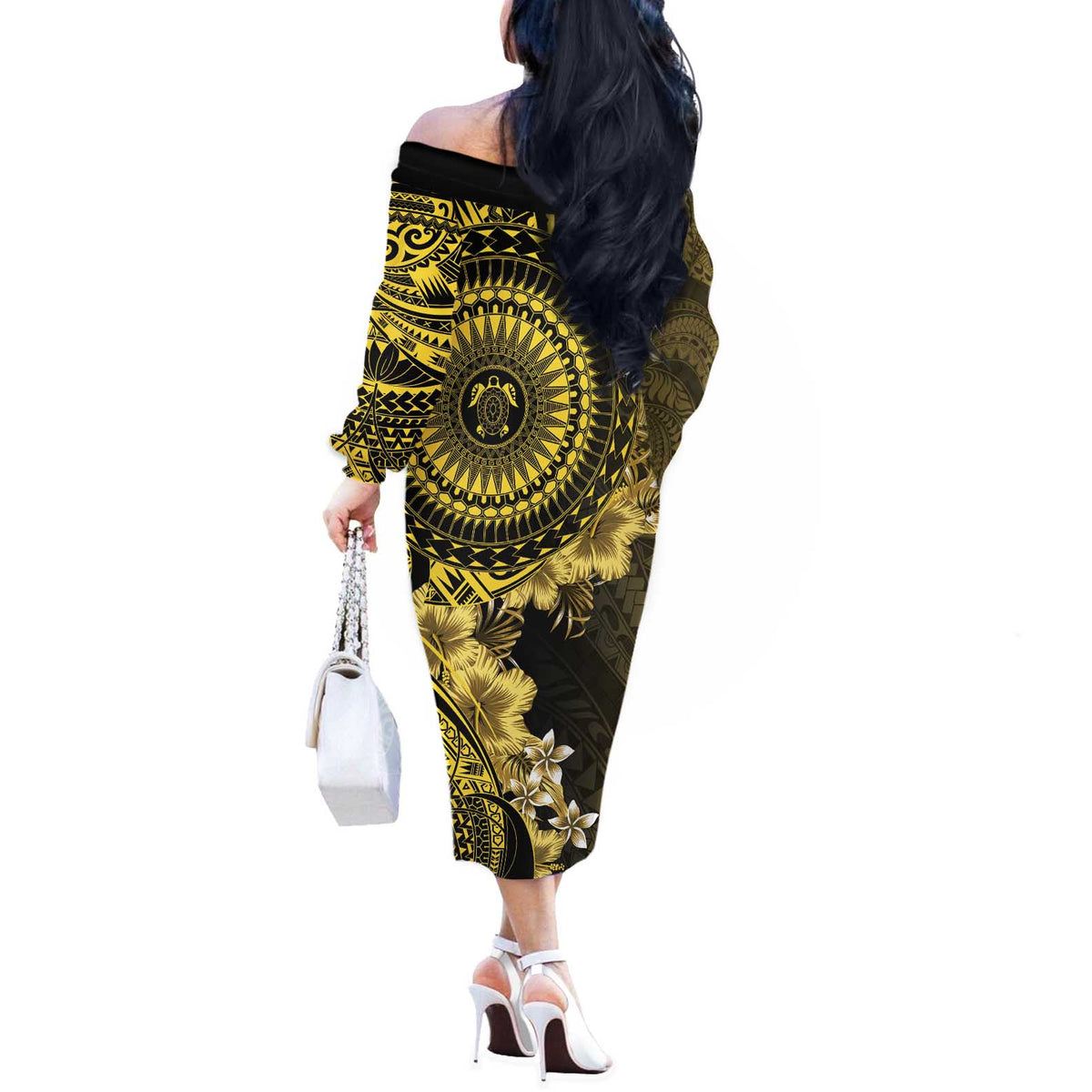 Vanuatu Off The Shoulder Long Sleeve Dress Hibisus Polynesian Pattern Gold - Polynesian Pride