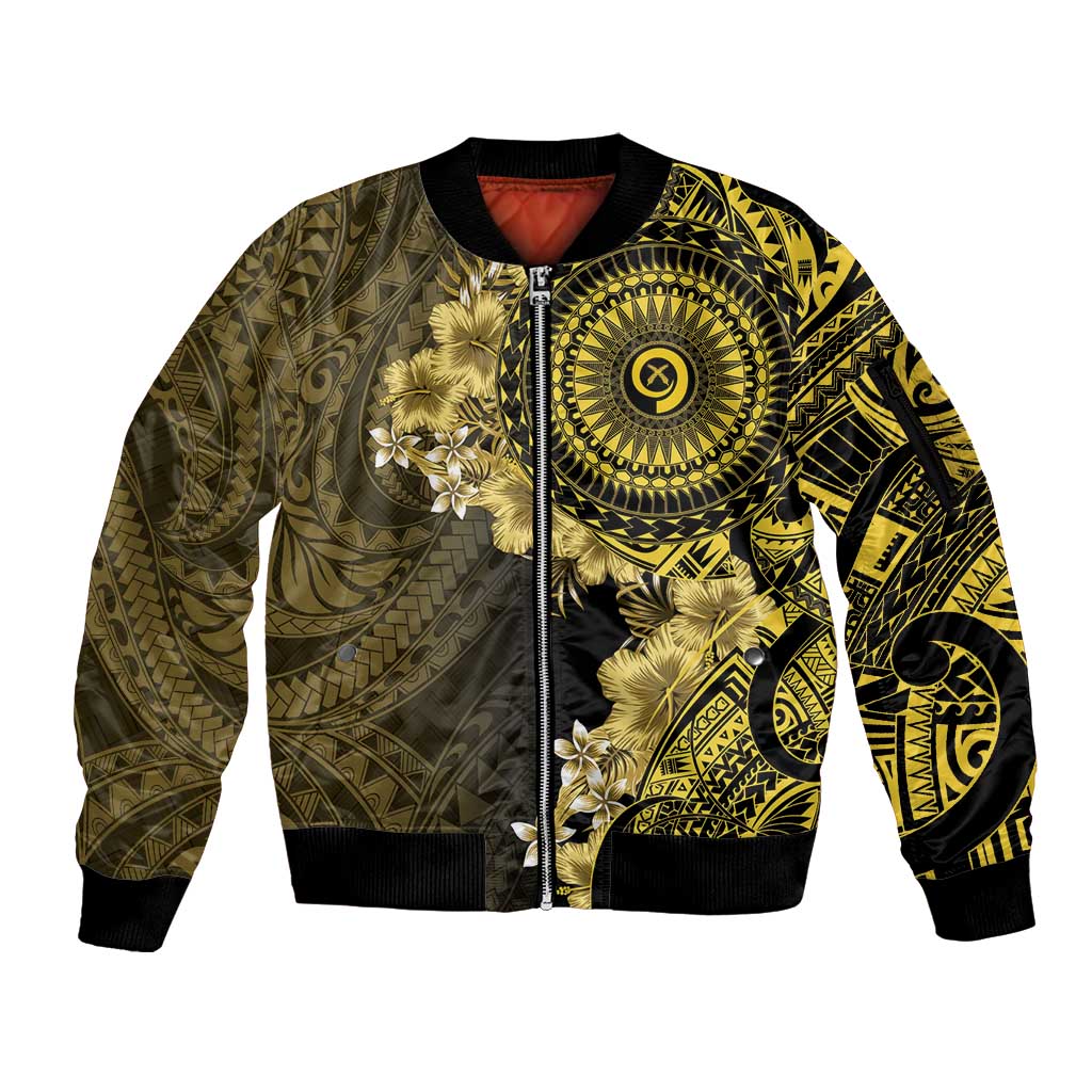 Vanuatu Sleeve Zip Bomber Jacket Hibisus Polynesian Pattern Gold - Polynesian Pride