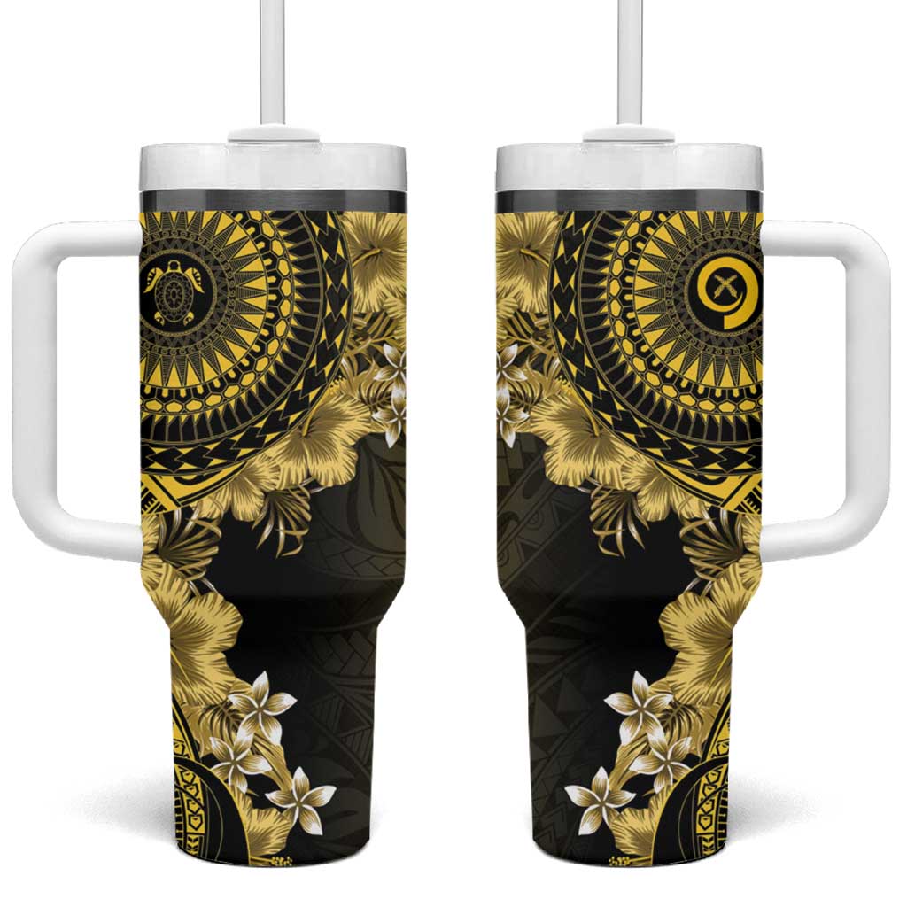 Vanuatu Tumbler With Handle Hibisus Polynesian Pattern Gold - Polynesian Pride