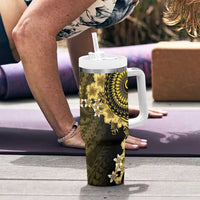 Vanuatu Tumbler With Handle Hibisus Polynesian Pattern Gold - Polynesian Pride