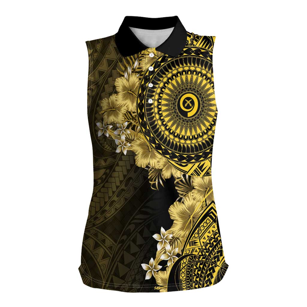Vanuatu Women Sleeveless Polo Shirt Hibisus Polynesian Pattern Gold - Polynesian Pride