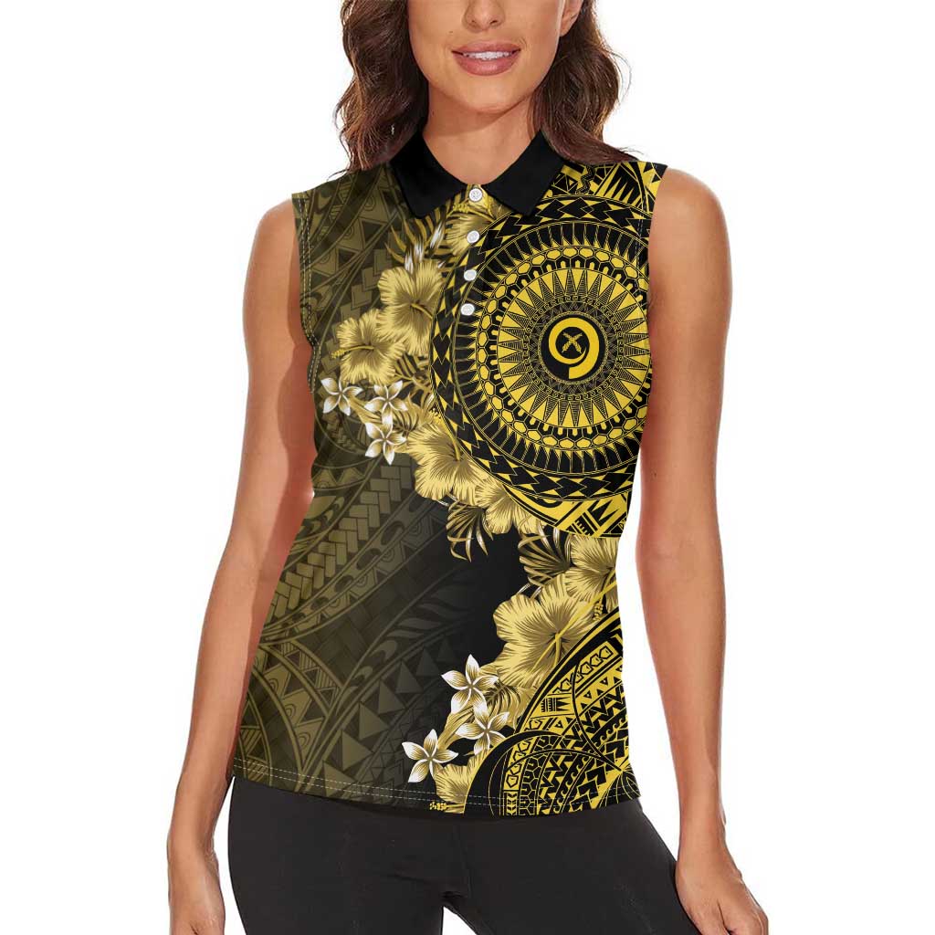 Vanuatu Women Sleeveless Polo Shirt Hibisus Polynesian Pattern Gold - Polynesian Pride