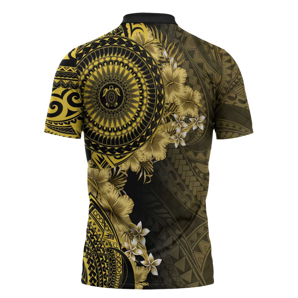 Vanuatu Zipper Polo Shirt Hibisus Polynesian Pattern Gold - Polynesian Pride