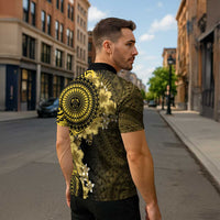 Vanuatu Zipper Polo Shirt Hibisus Polynesian Pattern Gold - Polynesian Pride