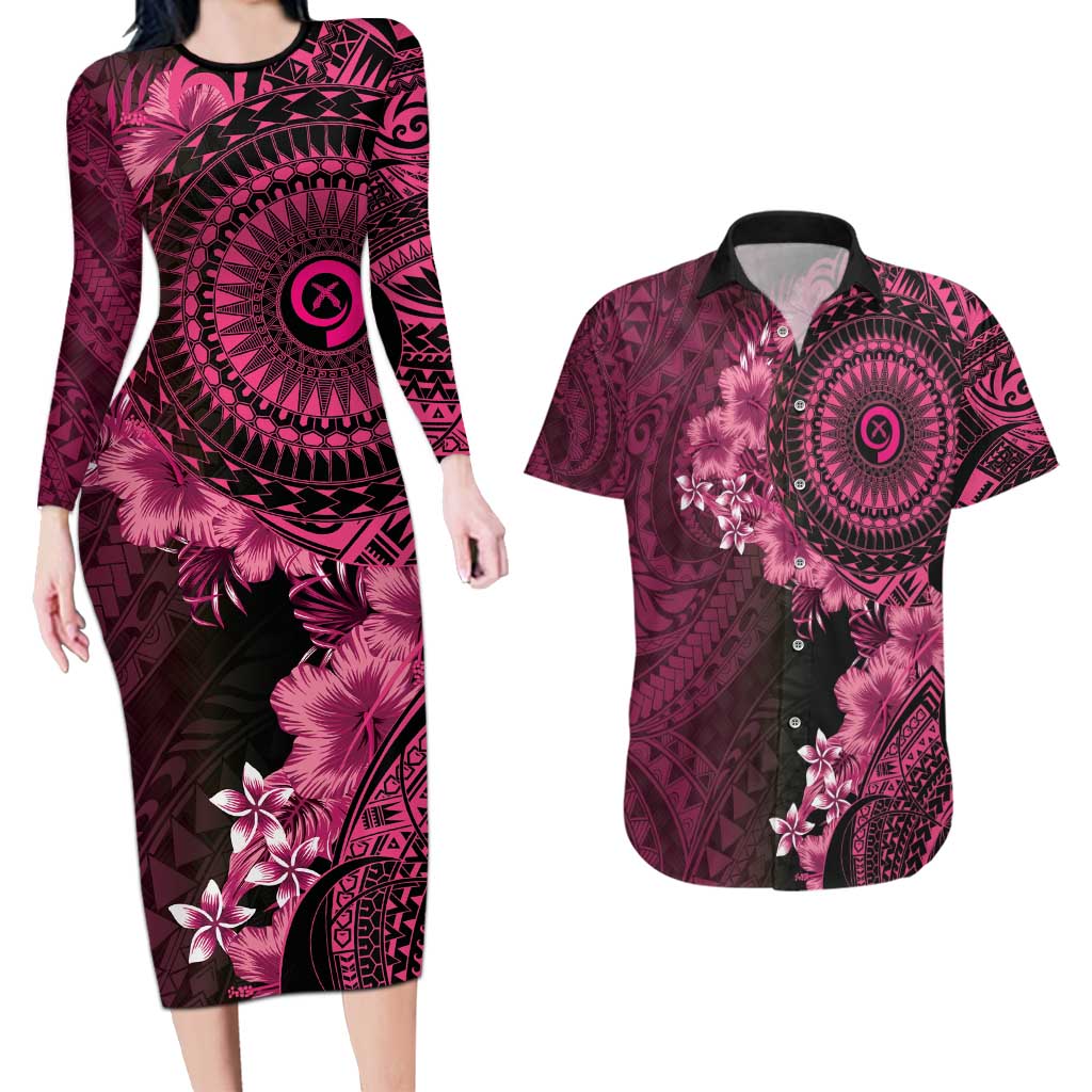 Vanuatu Couples Matching Long Sleeve Bodycon Dress and Hawaiian Shirt Hibisus Polynesian Pattern Pink - Polynesian Pride