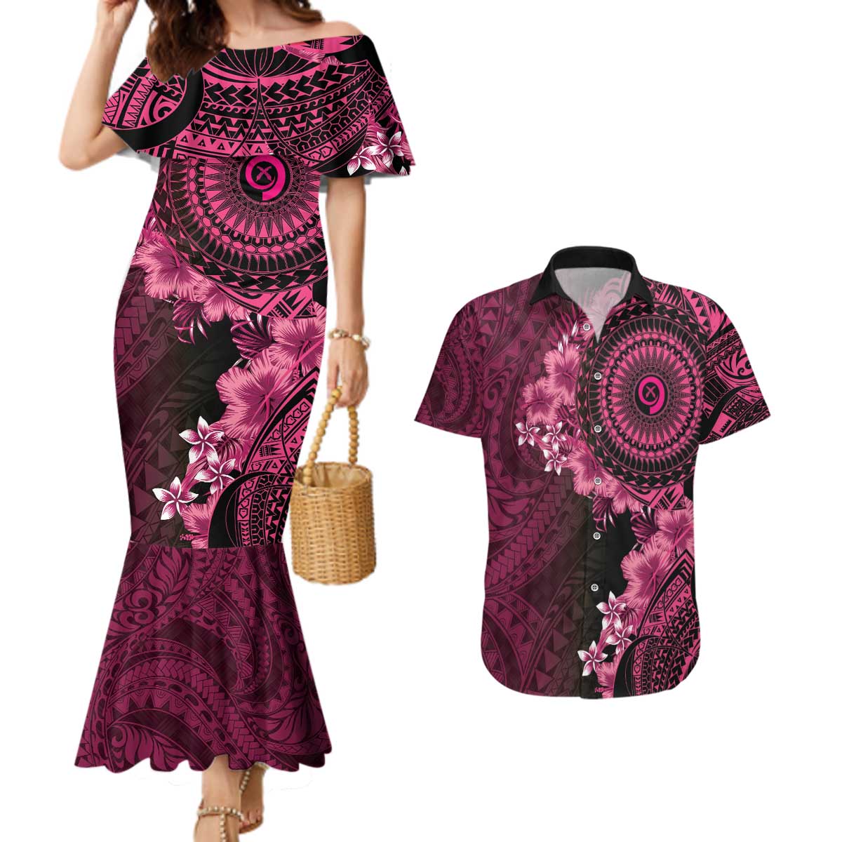 Vanuatu Couples Matching Mermaid Dress and Hawaiian Shirt Hibisus Polynesian Pattern Pink - Polynesian Pride