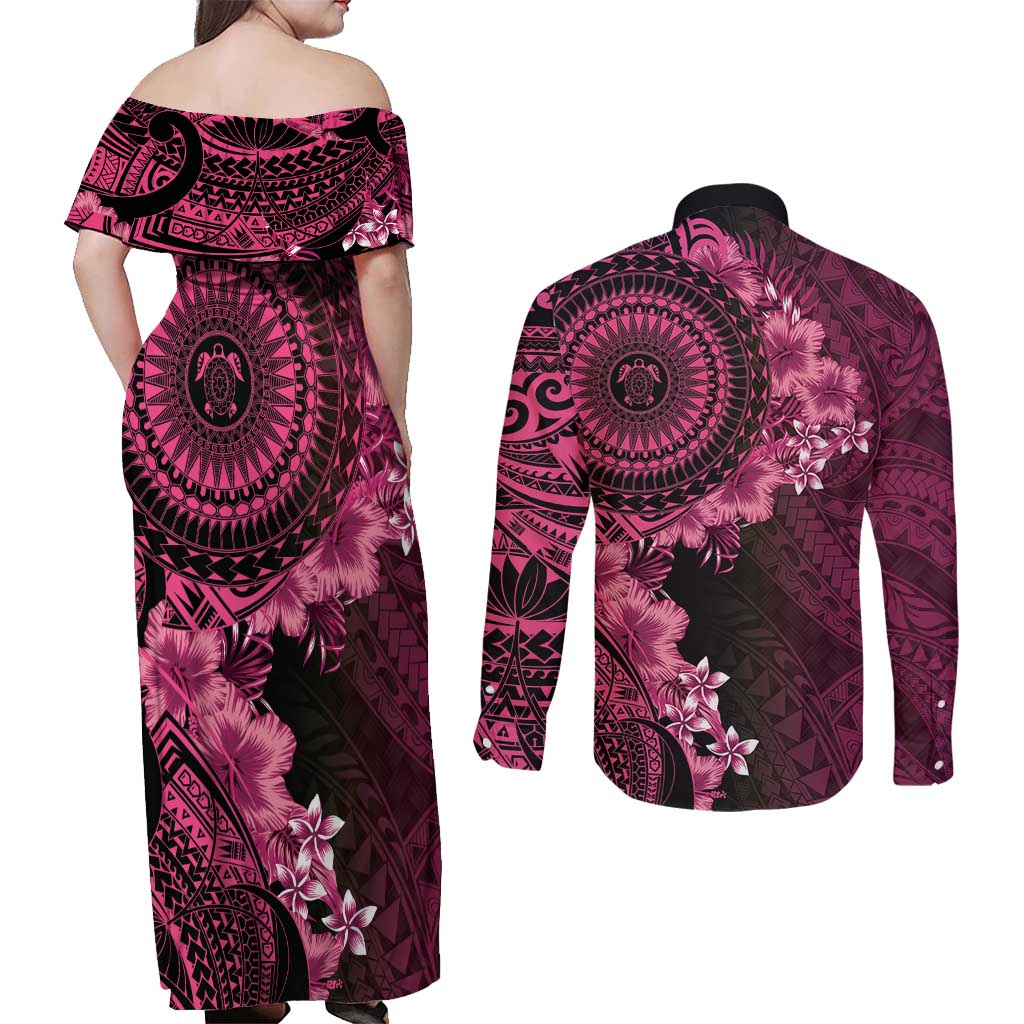 Vanuatu Couples Matching Off Shoulder Maxi Dress and Long Sleeve Button Shirt Hibisus Polynesian Pattern Pink - Polynesian Pride