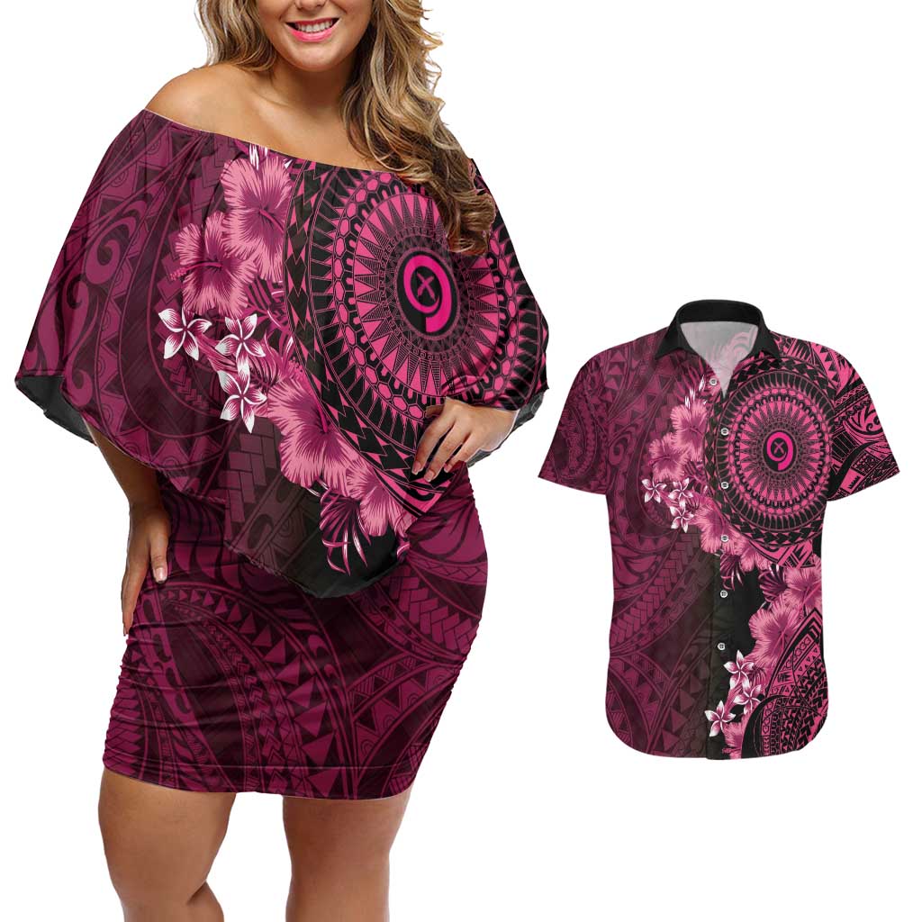 Vanuatu Couples Matching Off Shoulder Short Dress and Hawaiian Shirt Hibisus Polynesian Pattern Pink - Polynesian Pride