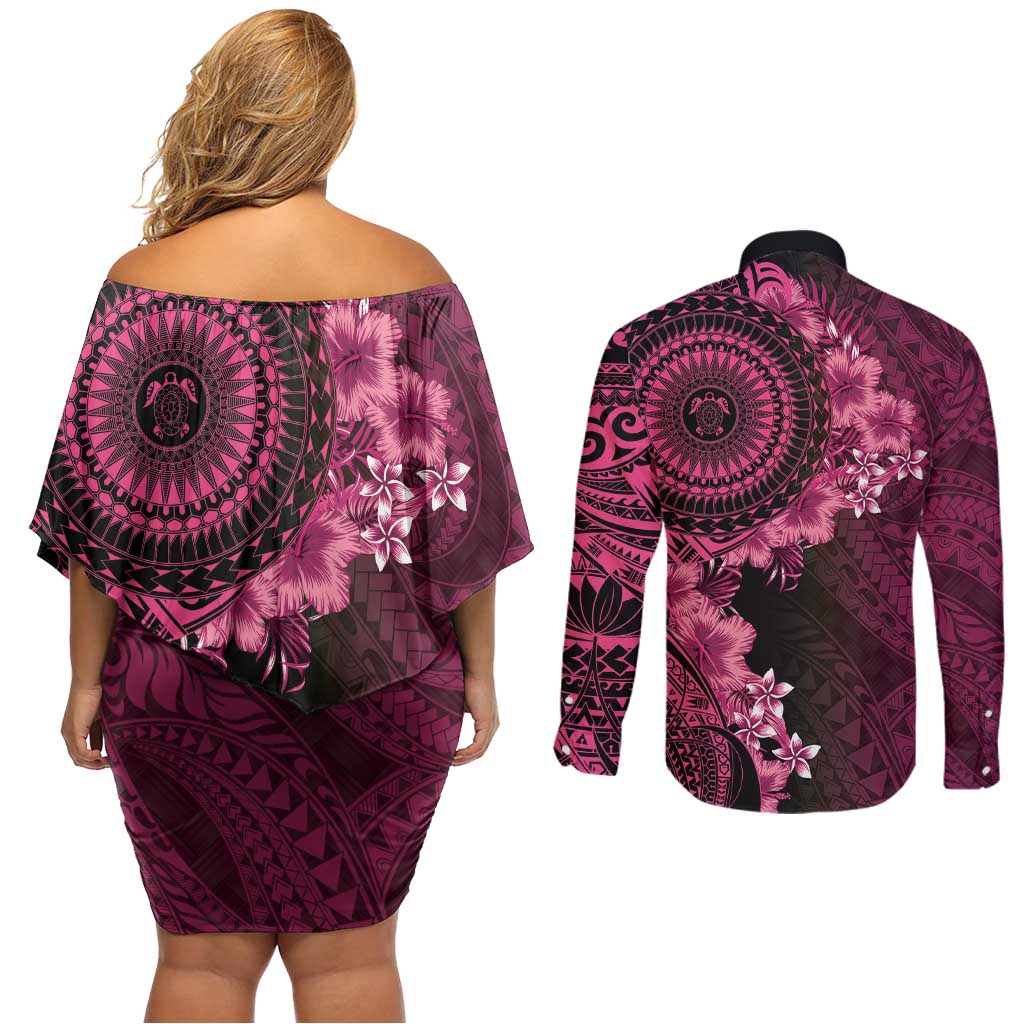 Vanuatu Couples Matching Off Shoulder Short Dress and Long Sleeve Button Shirt Hibisus Polynesian Pattern Pink - Polynesian Pride