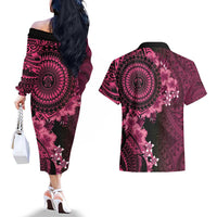 Vanuatu Couples Matching Off The Shoulder Long Sleeve Dress and Hawaiian Shirt Hibisus Polynesian Pattern Pink - Polynesian Pride