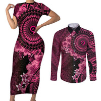 Vanuatu Couples Matching Short Sleeve Bodycon Dress and Long Sleeve Button Shirt Hibisus Polynesian Pattern Pink - Polynesian Pride