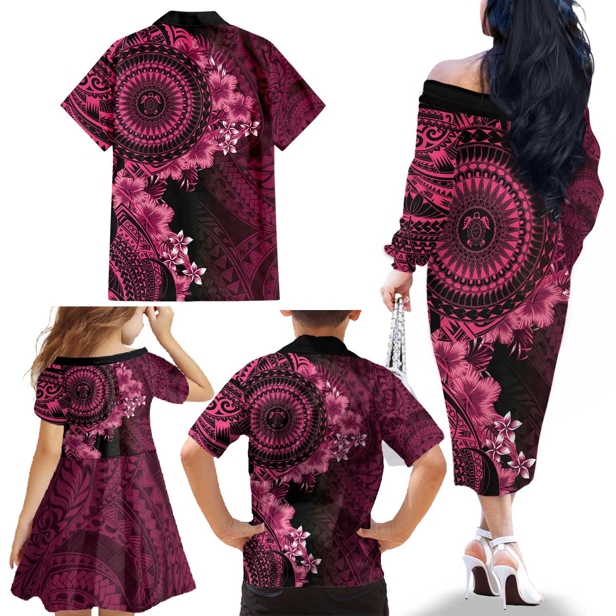 Vanuatu Family Matching Off The Shoulder Long Sleeve Dress and Hawaiian Shirt Hibisus Polynesian Pattern Pink - Polynesian Pride