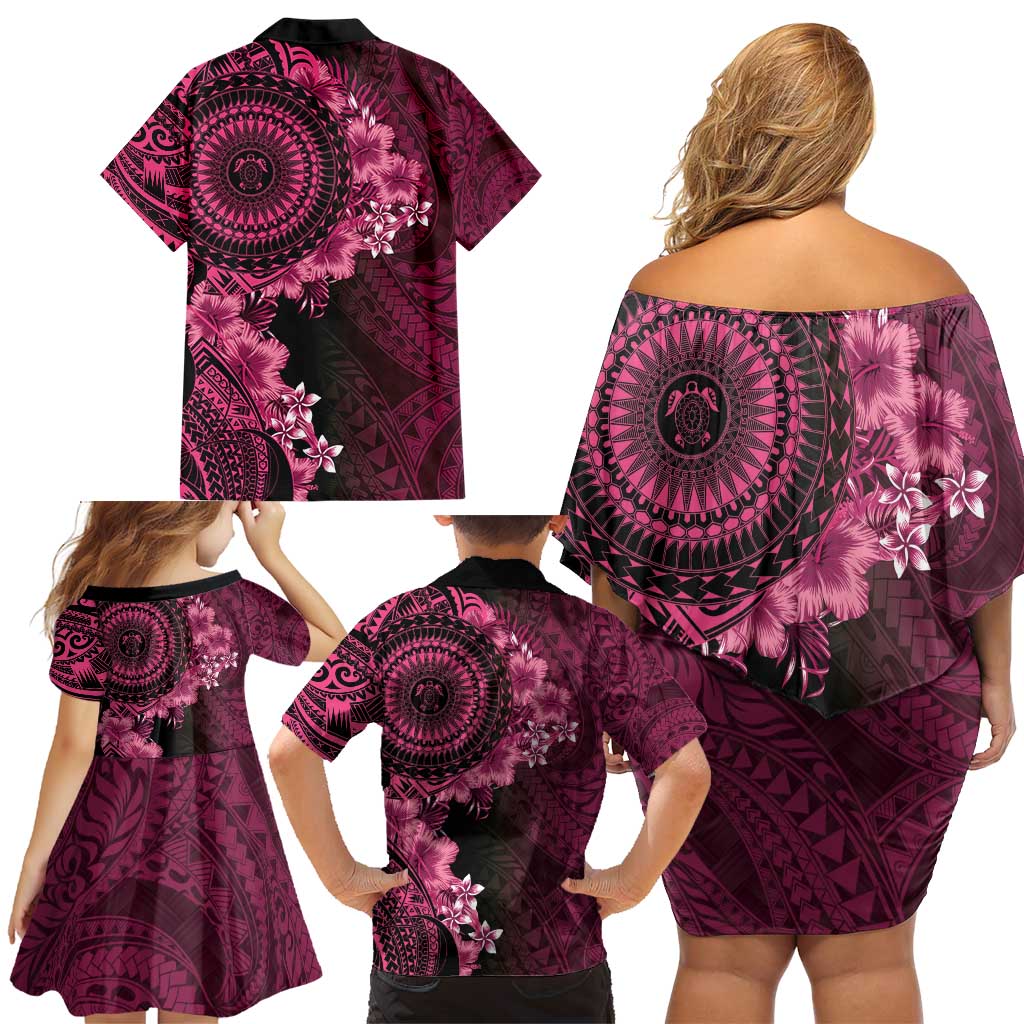 Vanuatu Family Matching Off Shoulder Short Dress and Hawaiian Shirt Hibisus Polynesian Pattern Pink - Polynesian Pride
