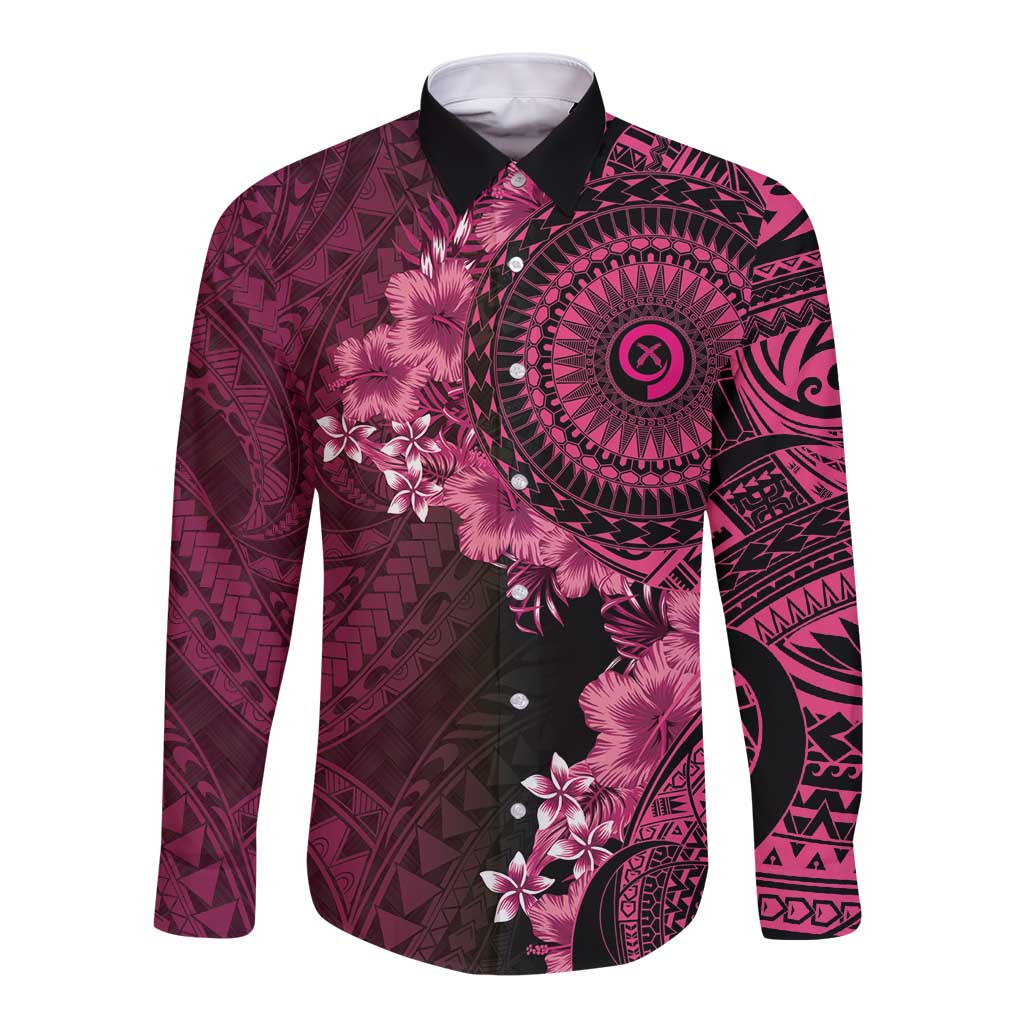 Vanuatu Long Sleeve Button Shirt Hibisus Polynesian Pattern Pink - Polynesian Pride