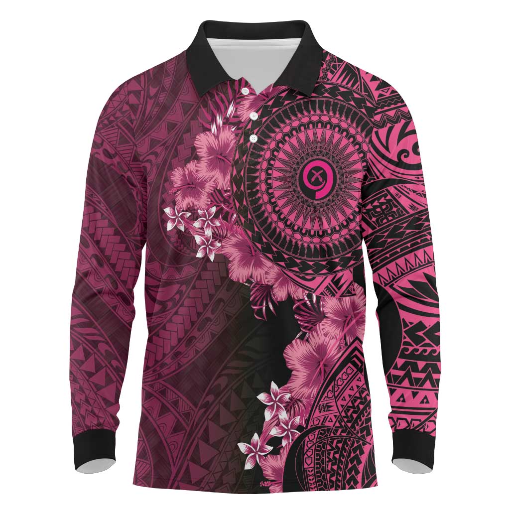Vanuatu Long Sleeve Polo Shirt Hibisus Polynesian Pattern Pink - Polynesian Pride