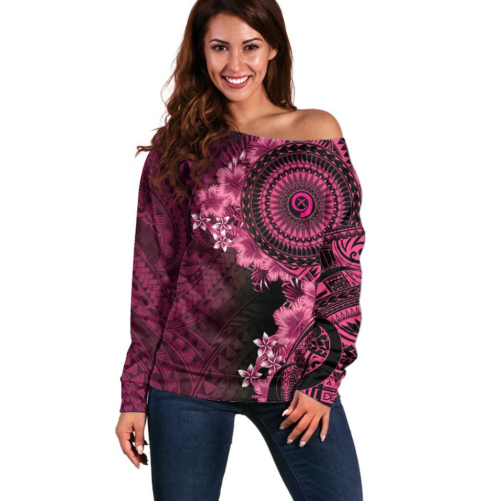 Vanuatu Off Shoulder Sweater Hibisus Polynesian Pattern Pink - Polynesian Pride