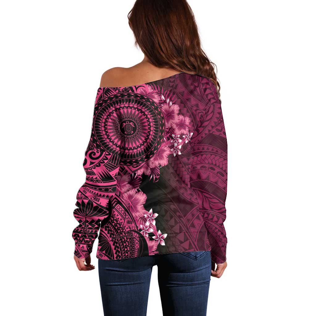 Vanuatu Off Shoulder Sweater Hibisus Polynesian Pattern Pink - Polynesian Pride