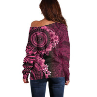 Vanuatu Off Shoulder Sweater Hibisus Polynesian Pattern Pink - Polynesian Pride