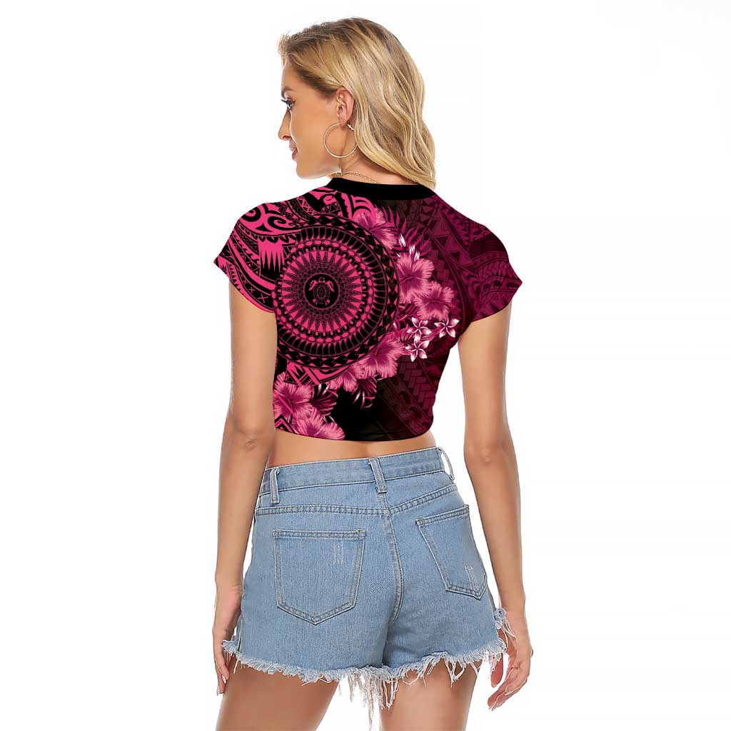 Vanuatu Raglan Cropped T Shirt Hibisus Polynesian Pattern Pink - Polynesian Pride