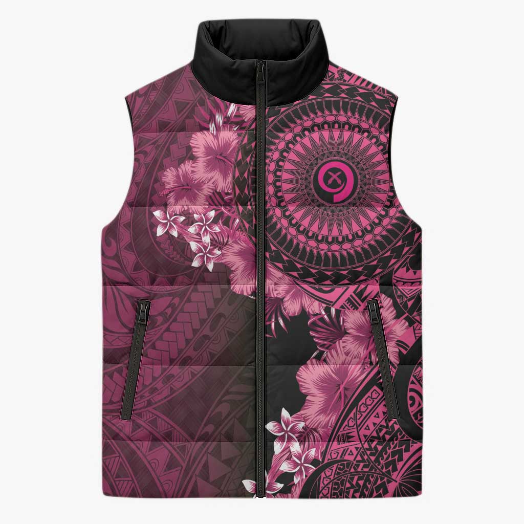 Vanuatu Sleeveless Puffer Jacket Hibisus Polynesian Pattern Pink - Polynesian Pride
