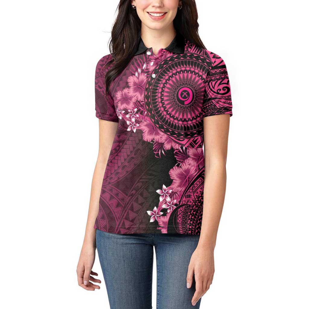 Vanuatu Women Polo Shirt Hibisus Polynesian Pattern Pink - Polynesian Pride