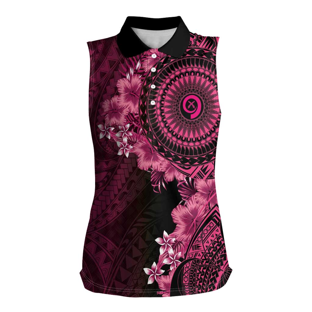 Vanuatu Women Sleeveless Polo Shirt Hibisus Polynesian Pattern Pink - Polynesian Pride