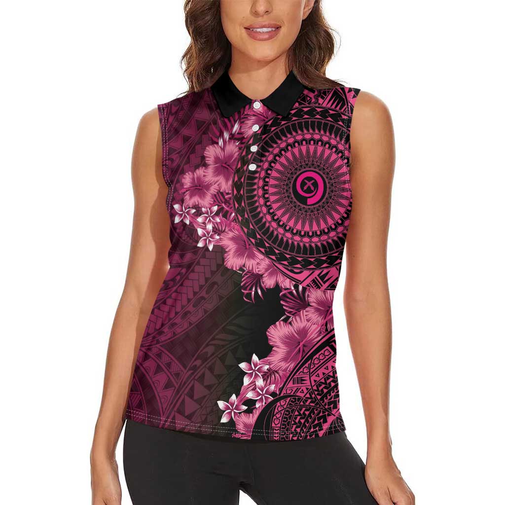 Vanuatu Women Sleeveless Polo Shirt Hibisus Polynesian Pattern Pink - Polynesian Pride