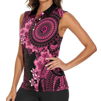 Vanuatu Women Sleeveless Polo Shirt Hibisus Polynesian Pattern Pink - Polynesian Pride