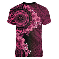 Vanuatu Women V-Neck T-Shirt Hibisus Polynesian Pattern Pink - Polynesian Pride