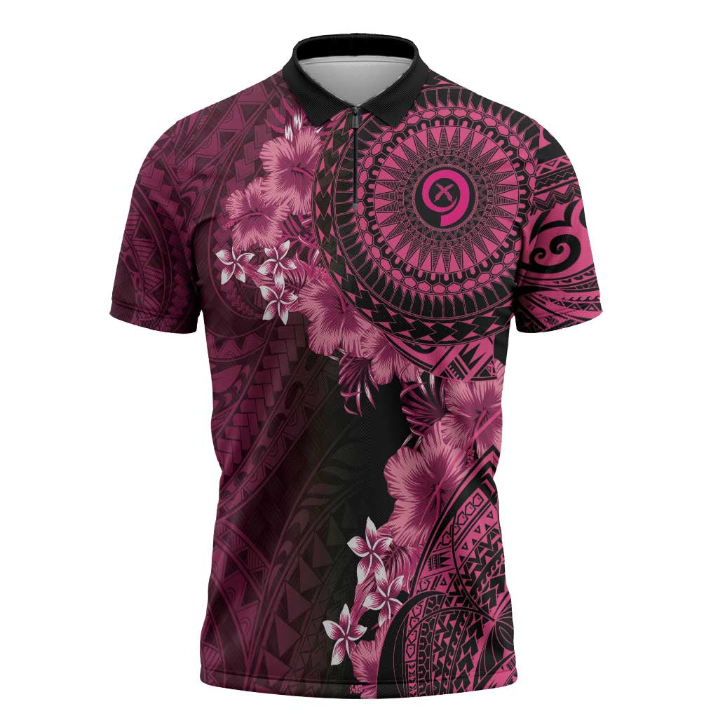 Vanuatu Zipper Polo Shirt Hibisus Polynesian Pattern Pink - Polynesian Pride