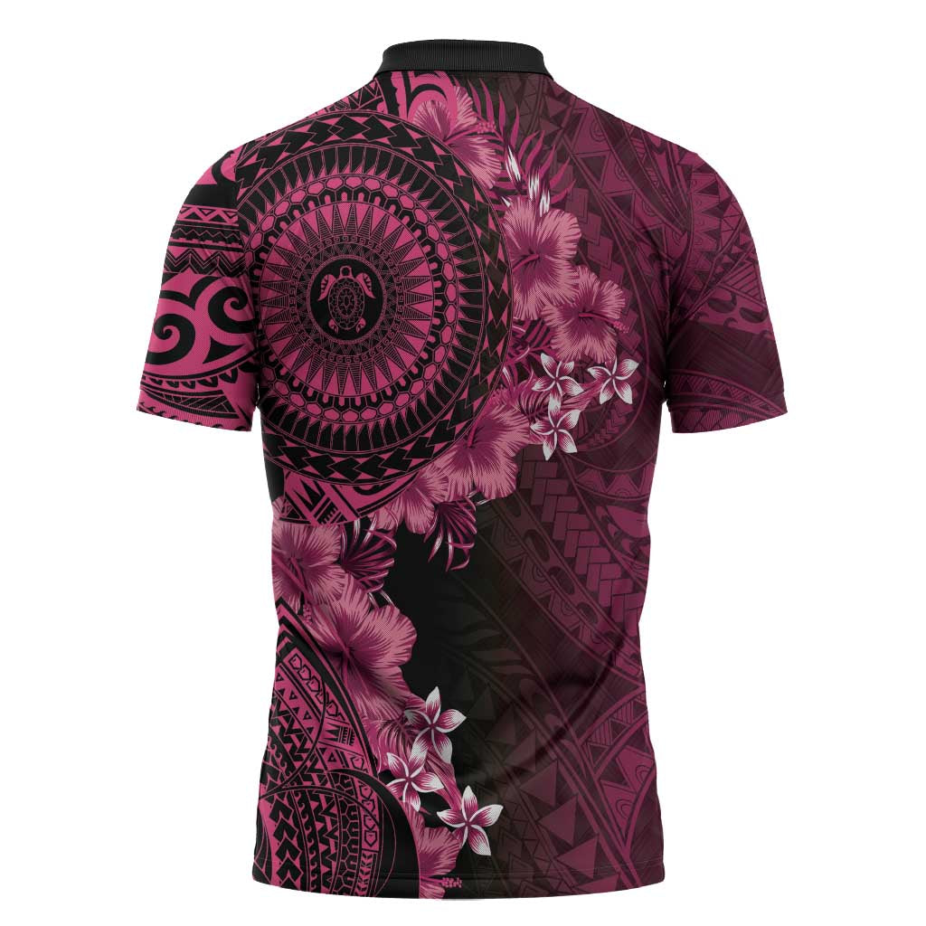 Vanuatu Zipper Polo Shirt Hibisus Polynesian Pattern Pink - Polynesian Pride