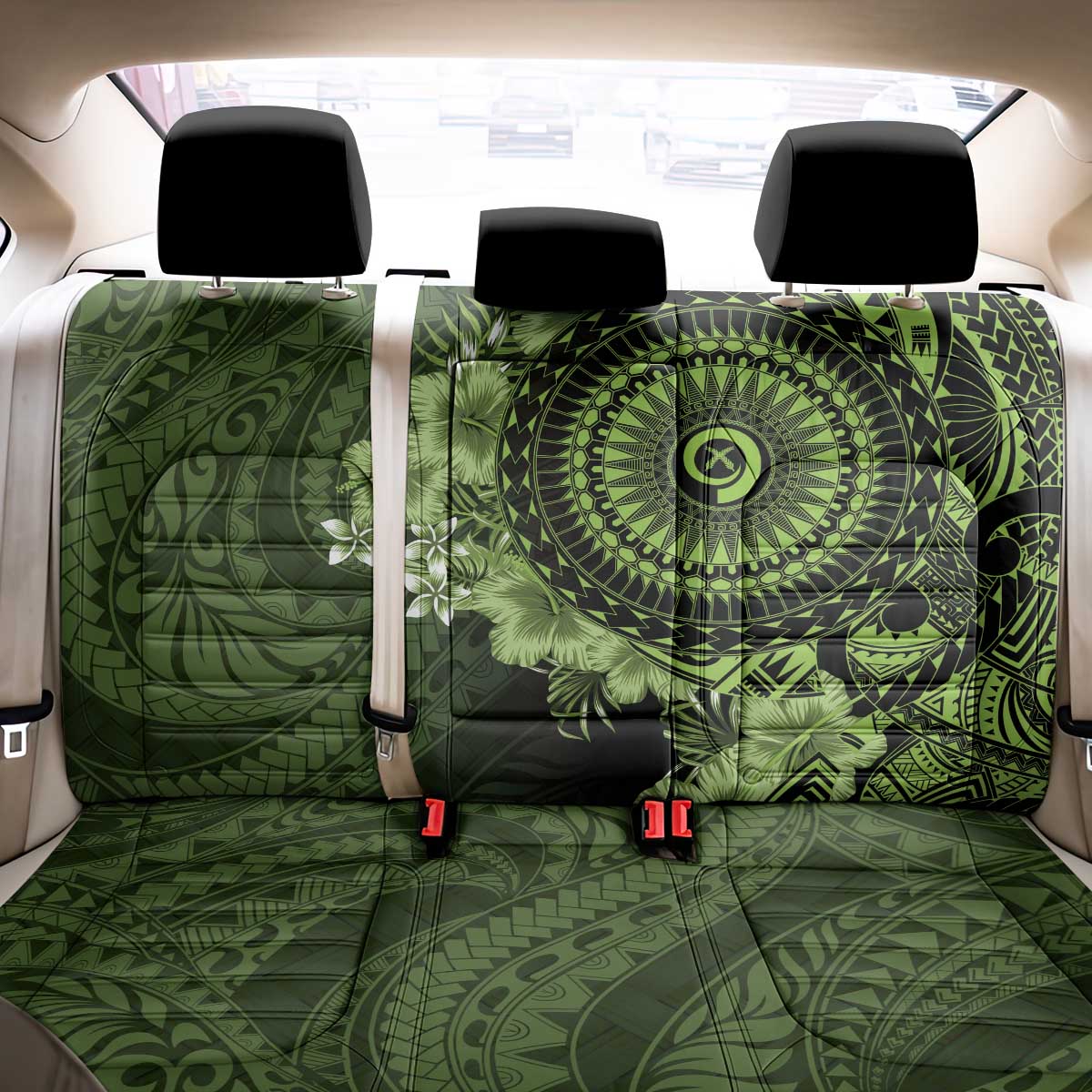 Vanuatu Back Car Seat Cover Hibisus Polynesian Pattern Green - Polynesian Pride